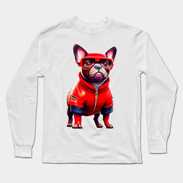 The Charismatic Frenchie: Racing in Red F1 Suit Long Sleeve T-Shirt by fur-niche